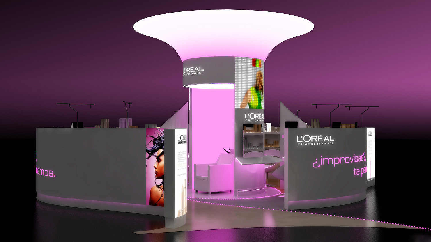 acceso del stand con claim ¿improvisas? te peinamos, iluminación magenta