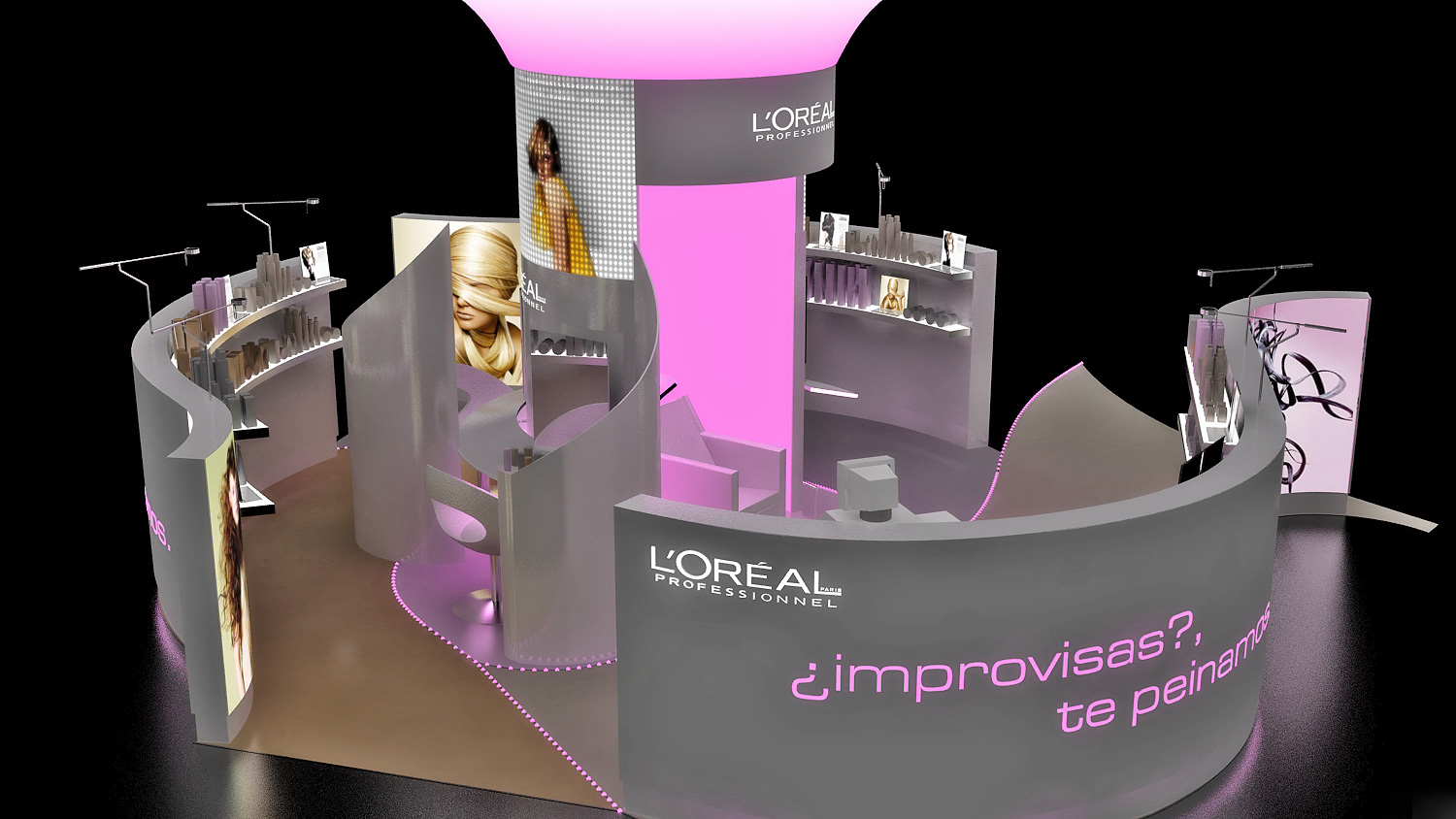 zona de tocadores con particiones curvas e iluminación de tarea