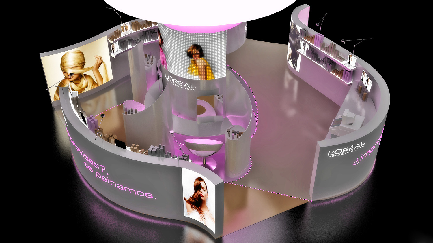 perspectiva general del Brushing Bar con estantes y pantalla central