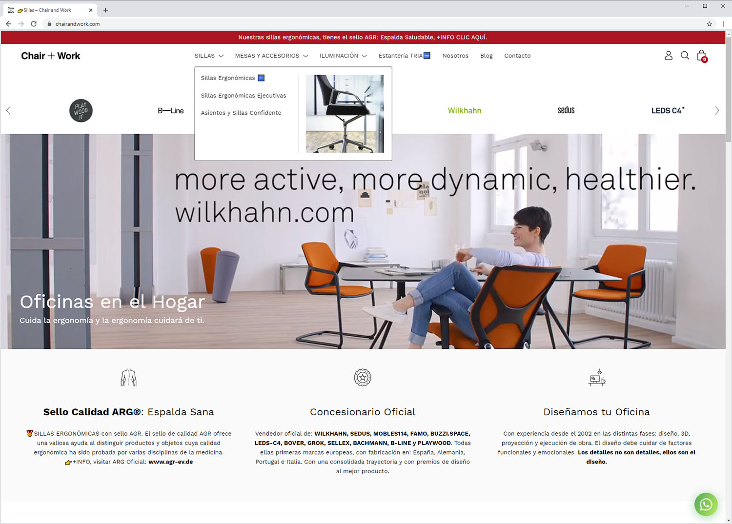 home Chair&Work con mega-menu y hero de producto