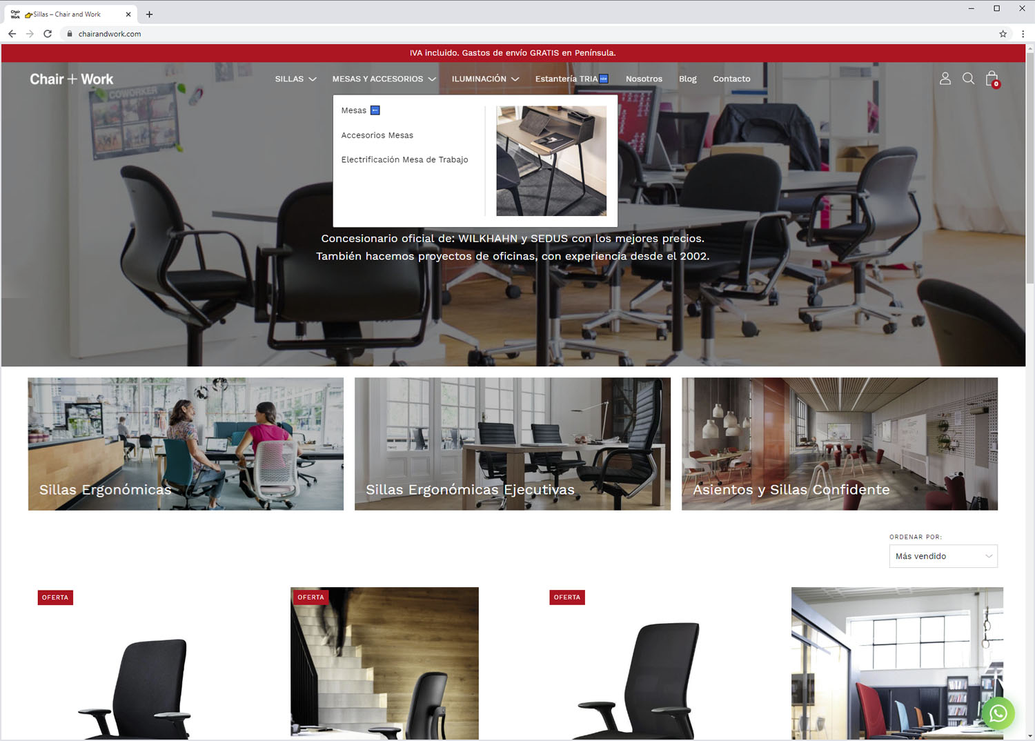 listado de colecciones y top ventas en Chair&Work