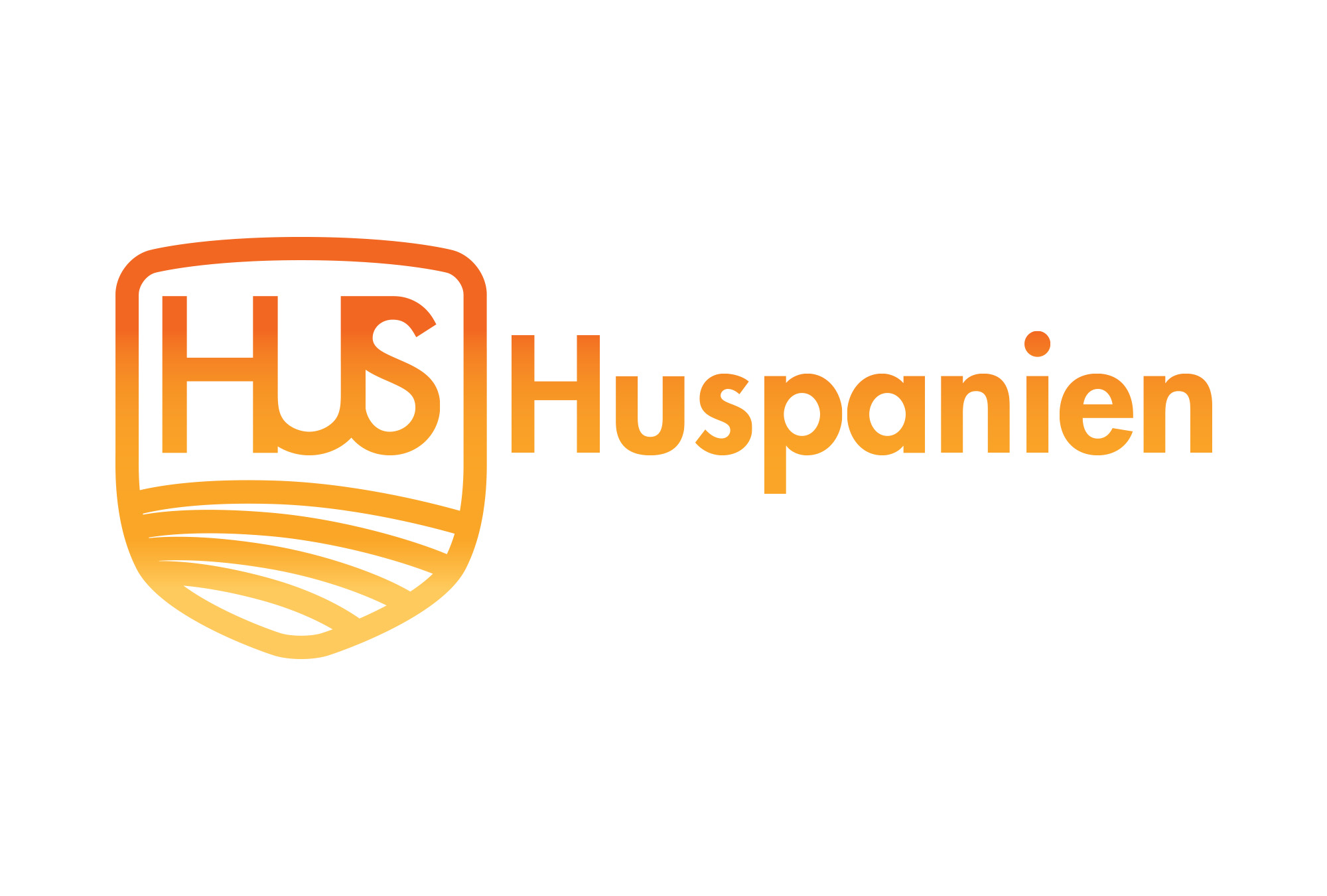 logotipo Huspanien con escudo HUS y degradado naranja sobre fondo blanco