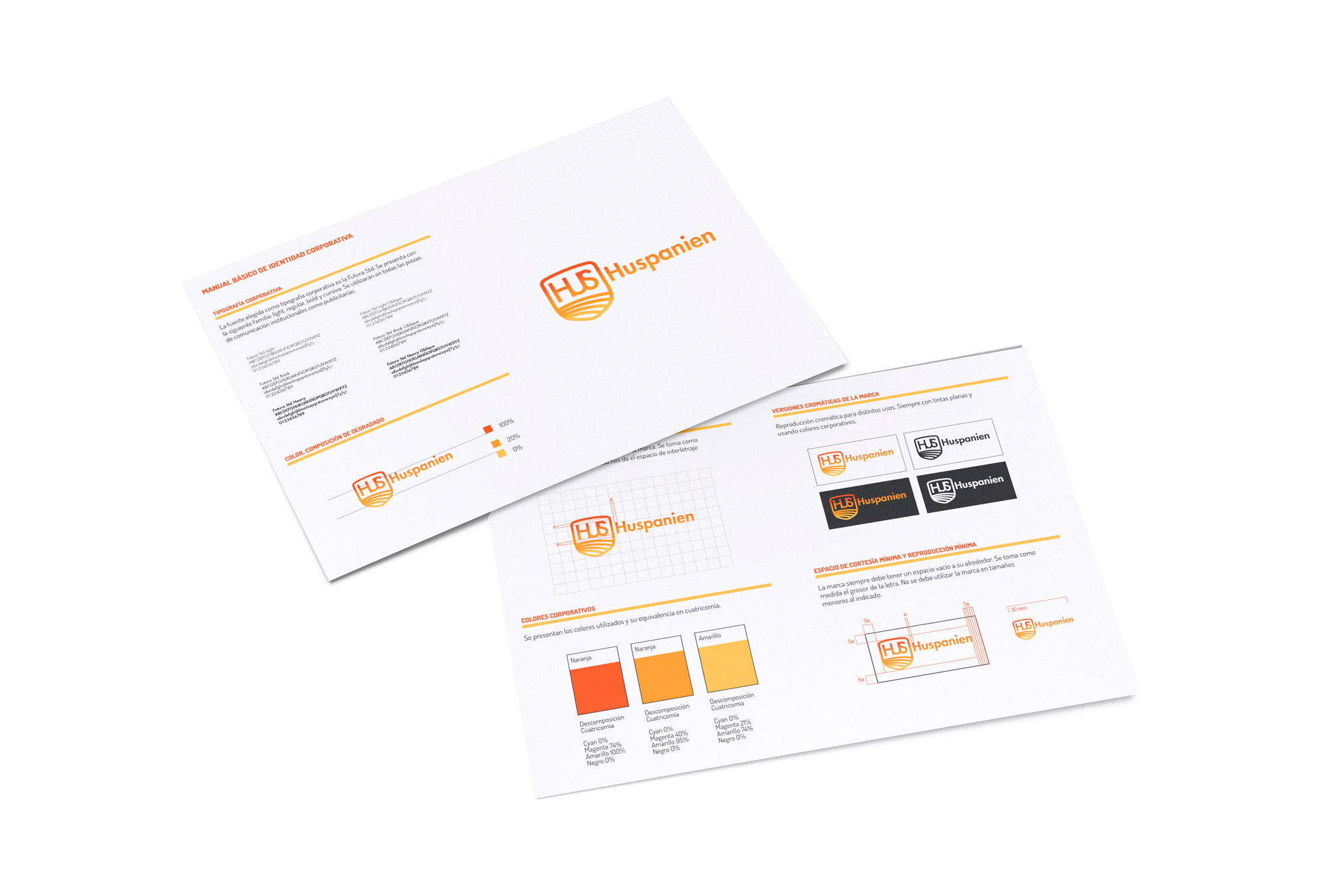 manual de identidad Huspanien con retícula, zona de seguridad y paleta de color