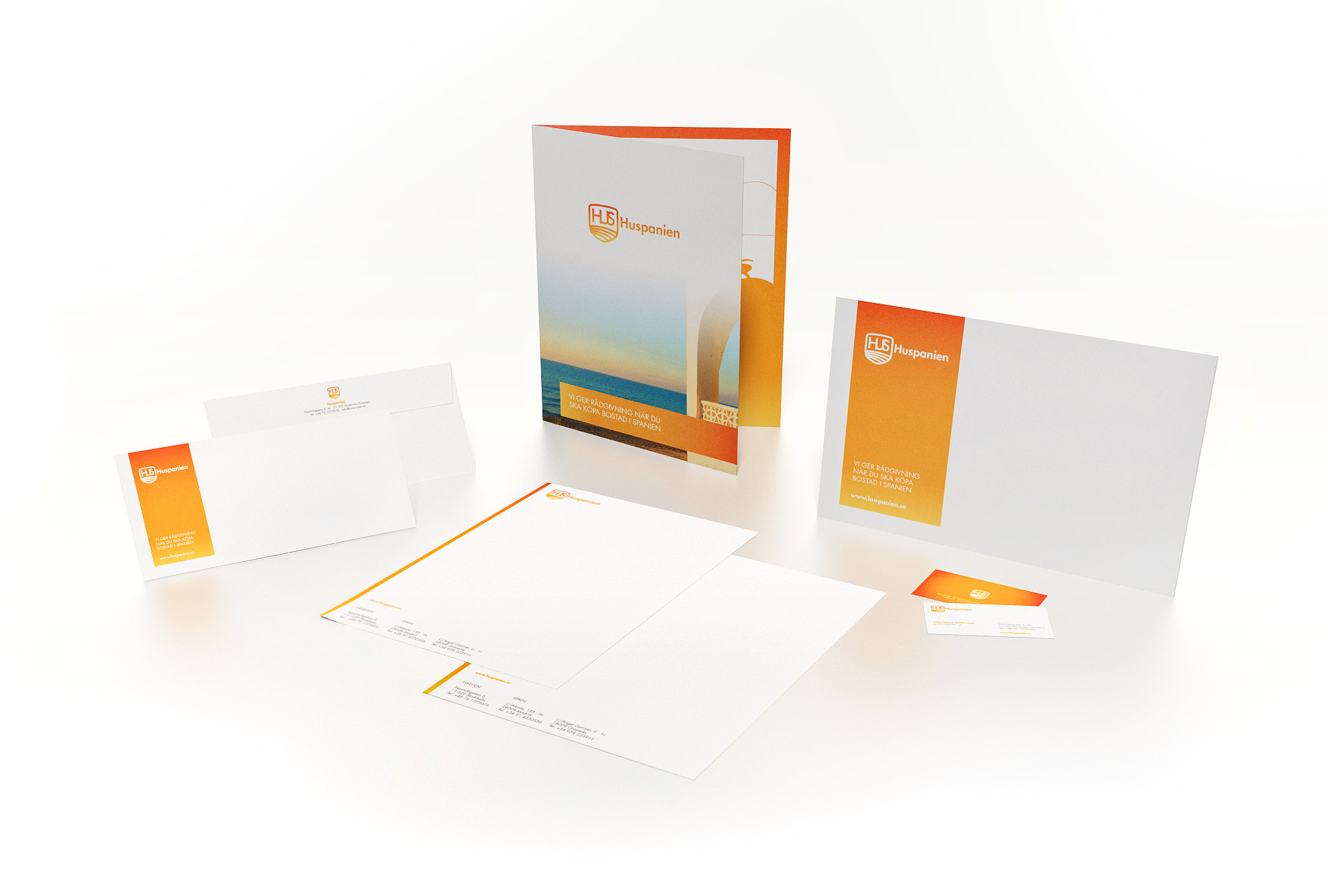 papelería corporativa Huspanien con tarjeta, sobre, carta y carpeta