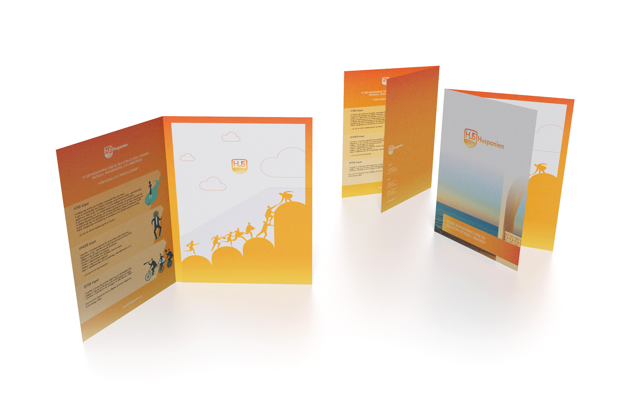 folleto corporativo Huspanien abierto y cerrado con degradados e ilustraciones