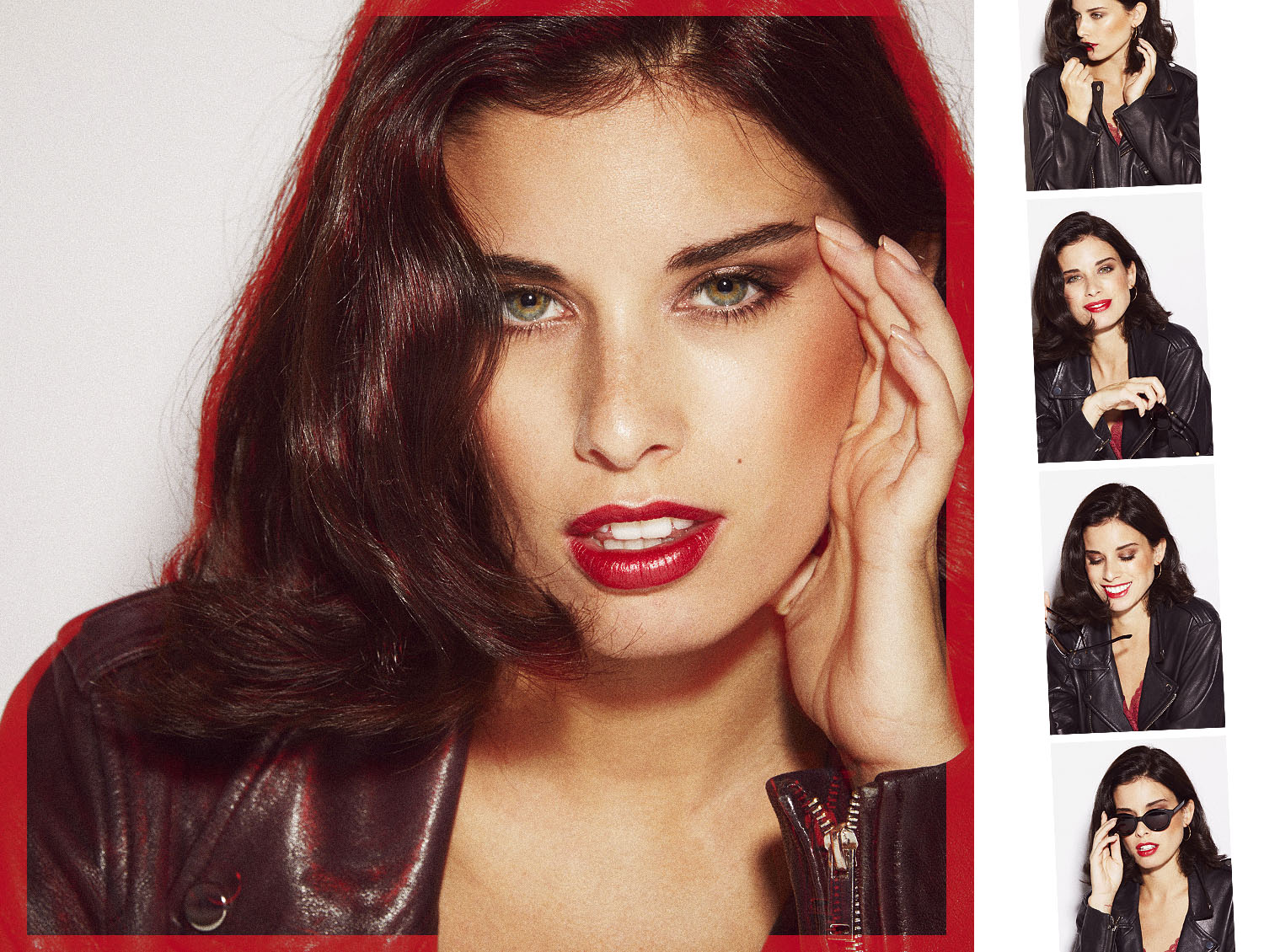 Plano medio look total rojo con tejidos brillantes estilo 80s chaqueta cuero y fotos fotomatón