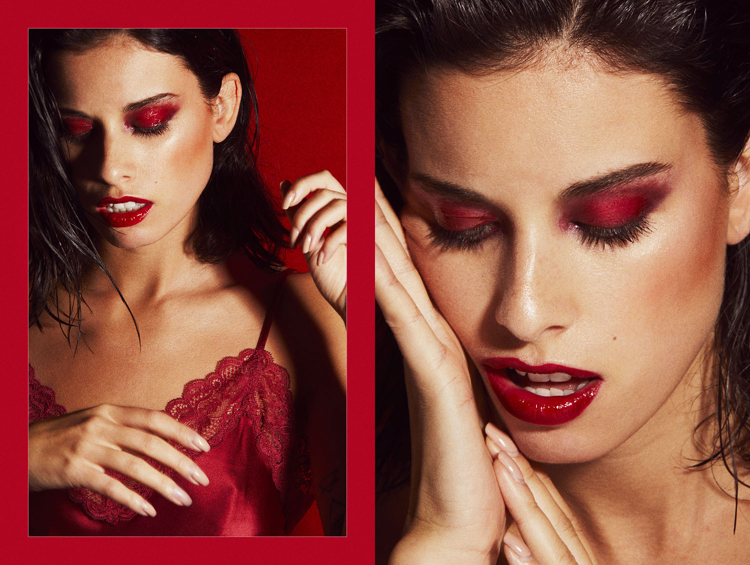 Retrato de perfil con contraste alto y fondo rojo sólido