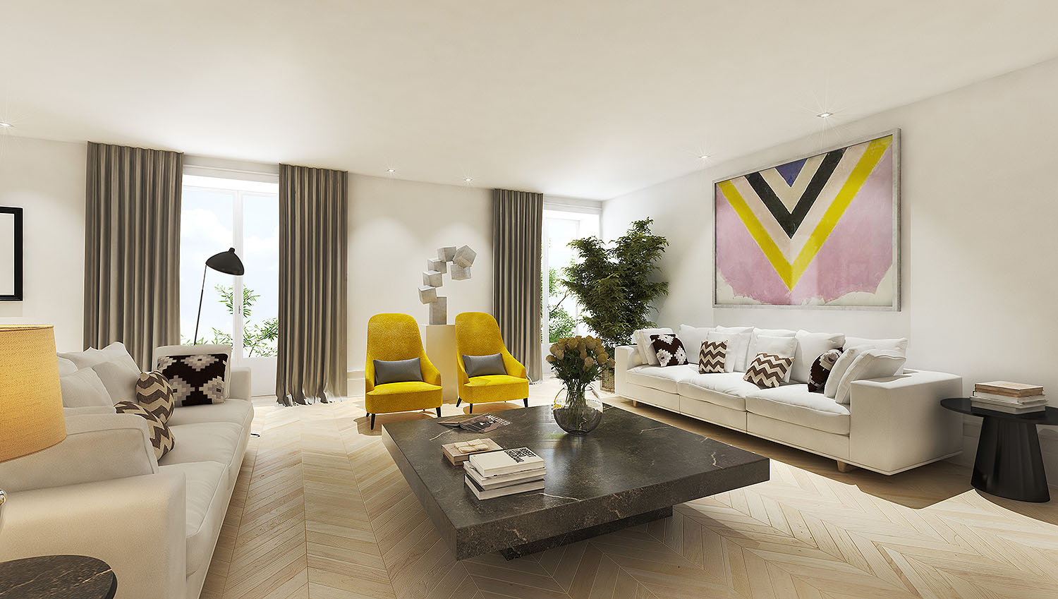 salón vivienda Goya con sofás blancos y butacas amarillas, luz natural