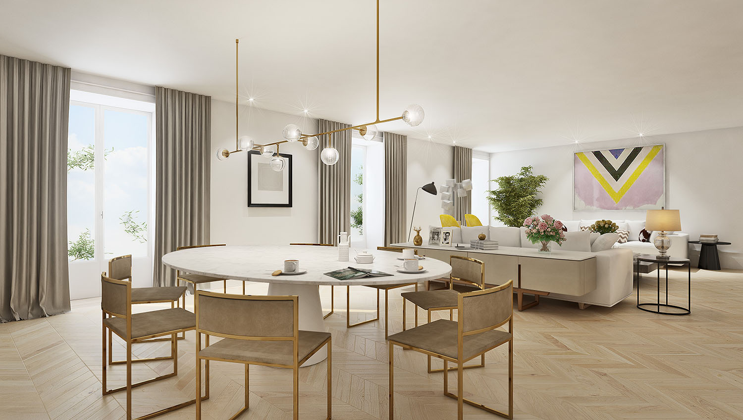 Estancia abierta comedor-salón con iluminación cálida y continuidad de materiales.