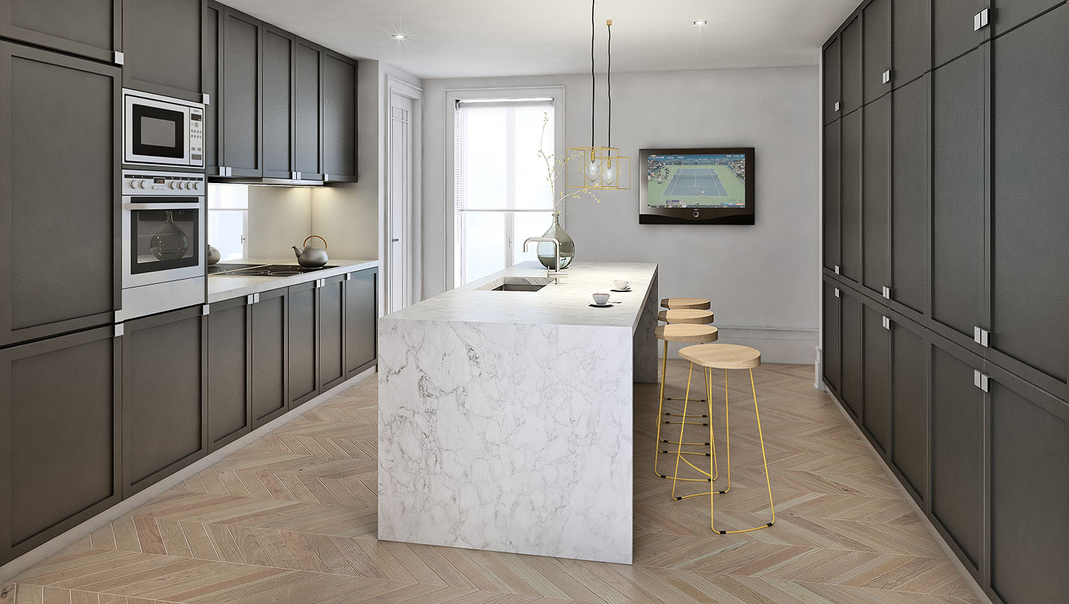 cocina en U con isla de mármol blanco, frentes oscuros y taburetes de madera