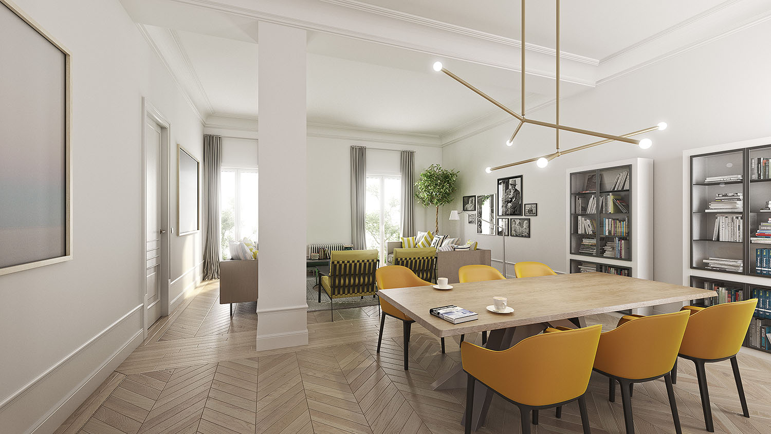 comedor con sillas amarillas, librerías y luminaria lineal