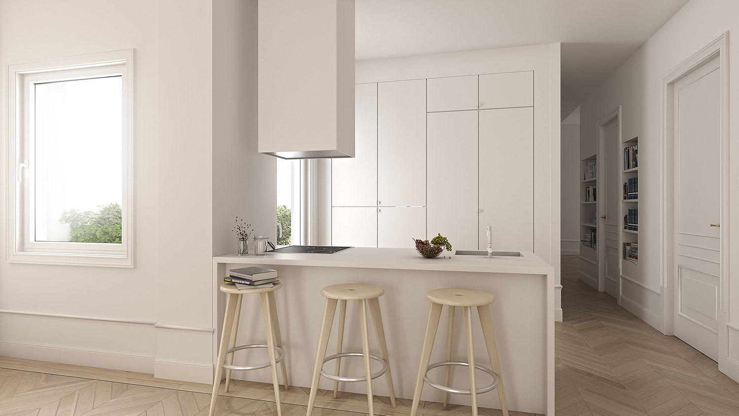 cocina blanca minimal con península y taburetes, luz lateral