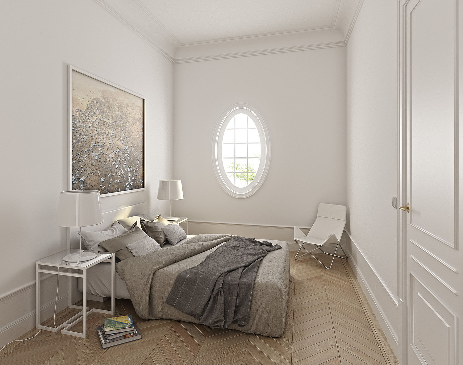 dormitorio con óculo, paleta neutra y parquet en espiga